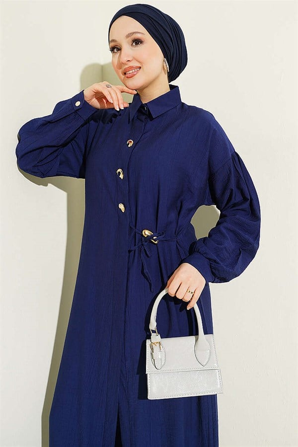 Navy Blue Long Tunic 2 Piece Set with Hidden Button and Drawstring Detail