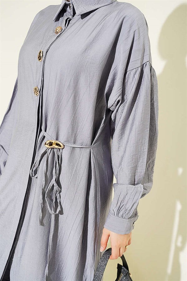 Long Tunic Set with Hidden Button and Drawstring Detail, Grey
