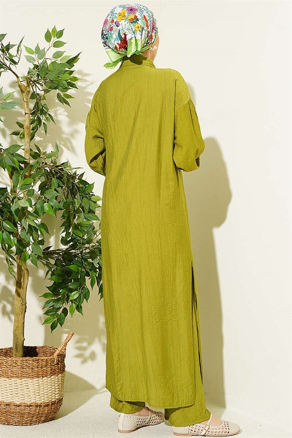 Long Tunic Set with Hidden Button and Drawstring Detail, Olive Green