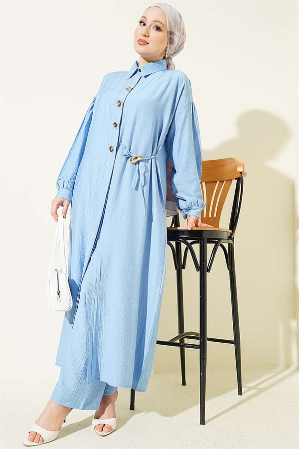 Long Tunic 2 Piece Set with Hidden Button and Drawstring Detail, Blue