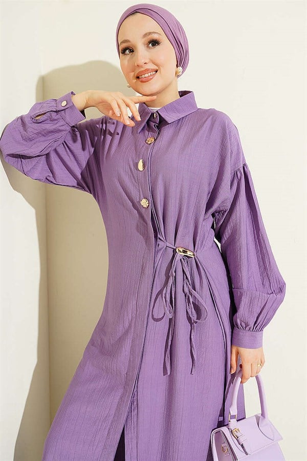 Long Tunic Set with Hidden Button and Drawstring Detail, Lilac