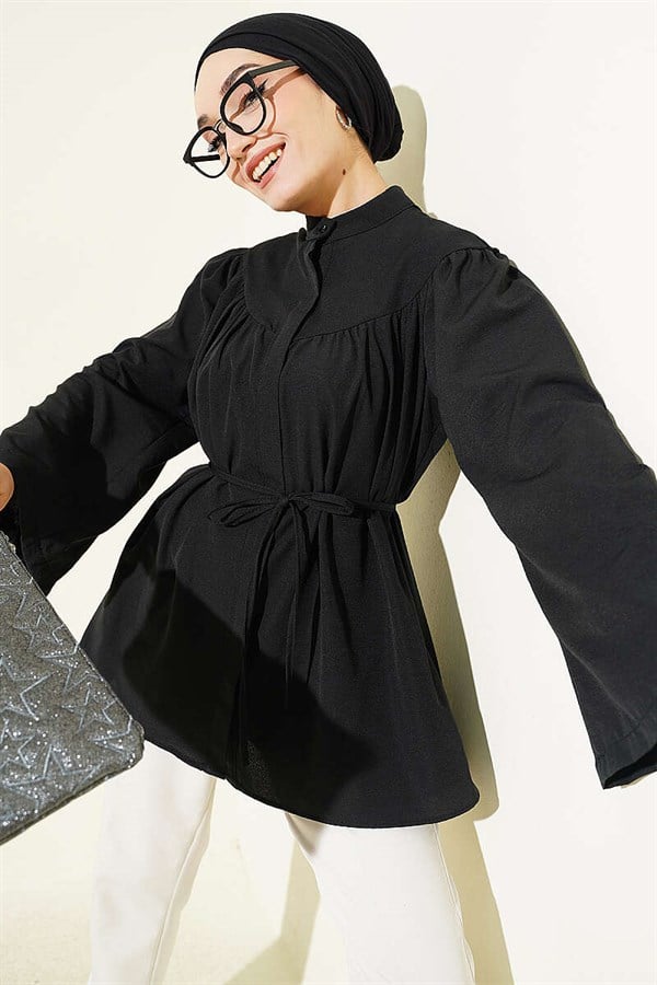Black Poplin Shirt with Hidden Button and Drawstring