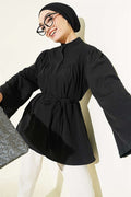 Black Poplin Shirt with Hidden Button and Drawstring
