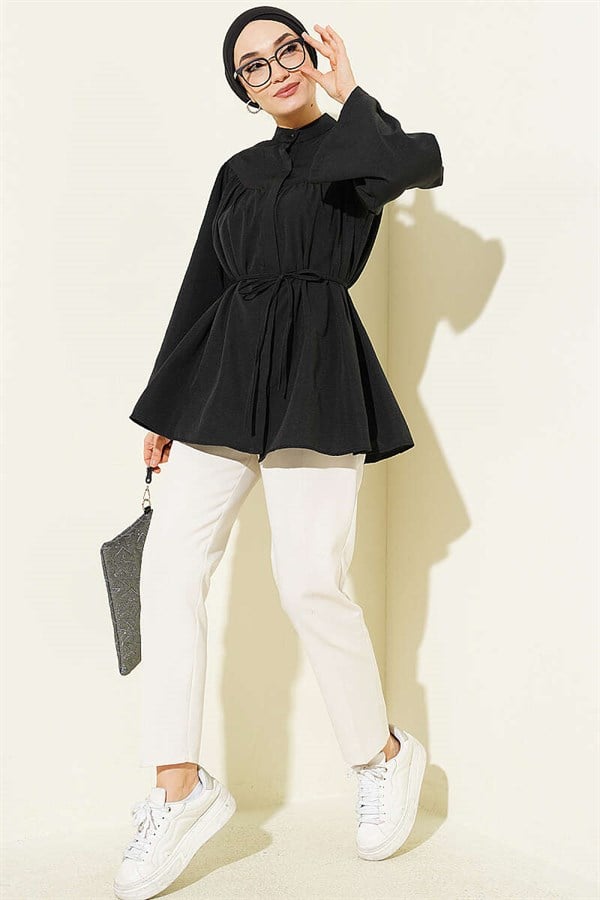 Black Poplin Shirt with Hidden Button and Drawstring