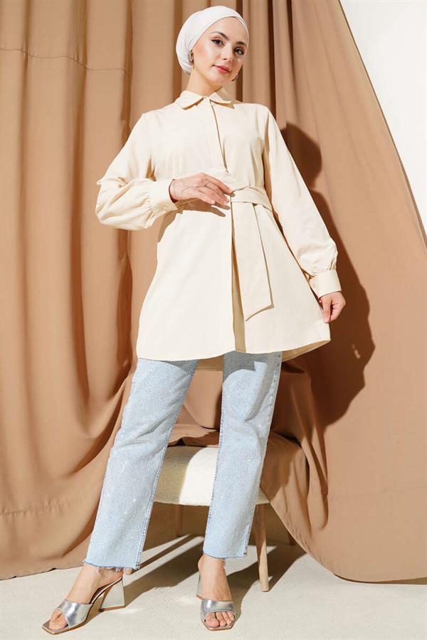 Hidden Button Self Belted Shirt Beige