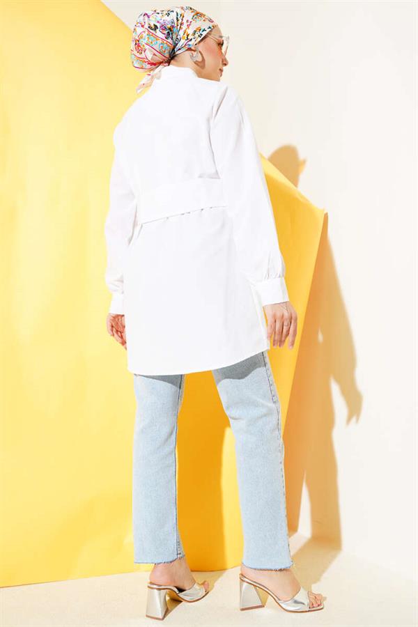 Hidden Button Self Belted Shirt White