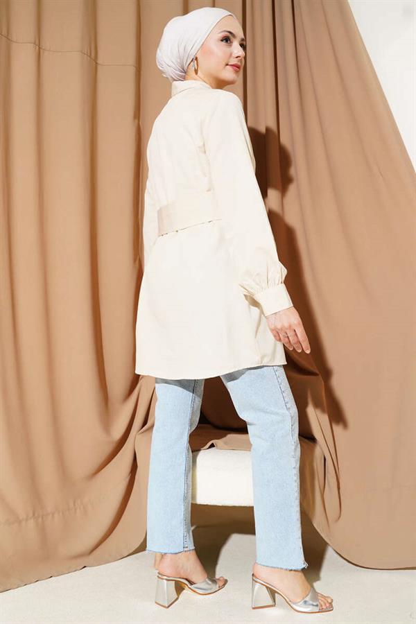 Hidden Button Self Belted Shirt Beige