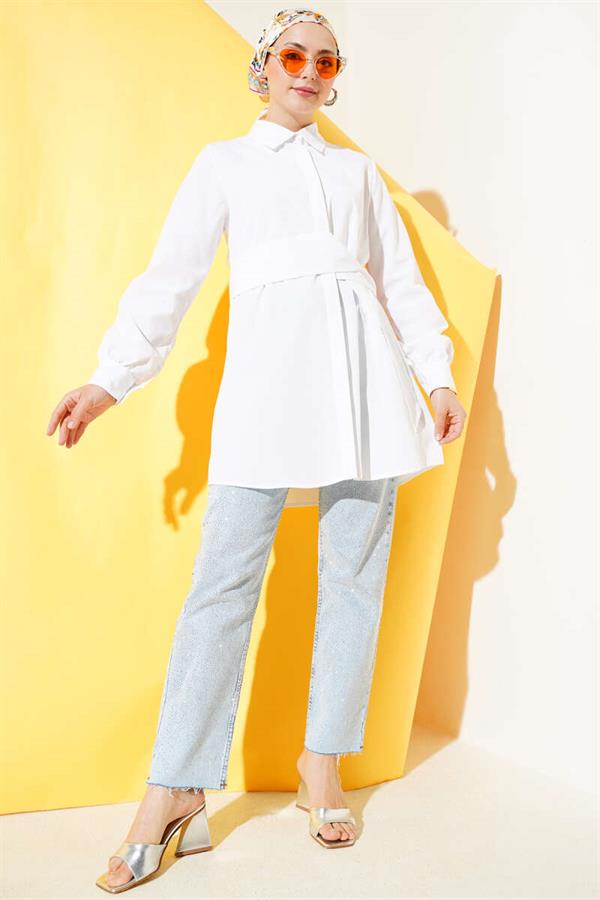 Hidden Button Self Belted Shirt White