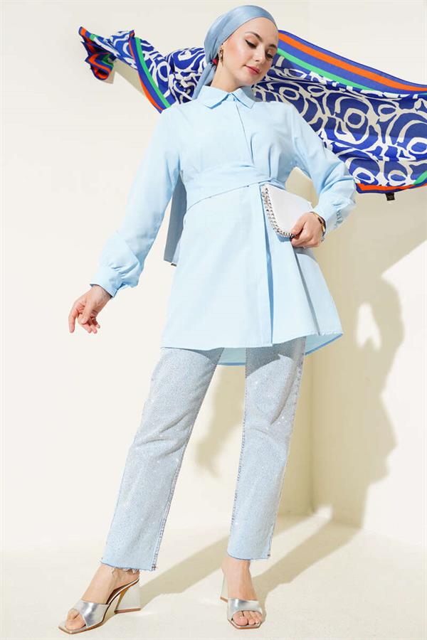 Hidden Button Self-Belted Shirt Baby Blue