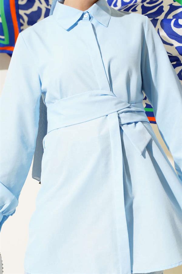 Hidden Button Self-Belted Shirt Baby Blue