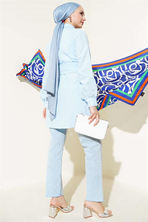 Hidden Button Self-Belted Shirt Baby Blue