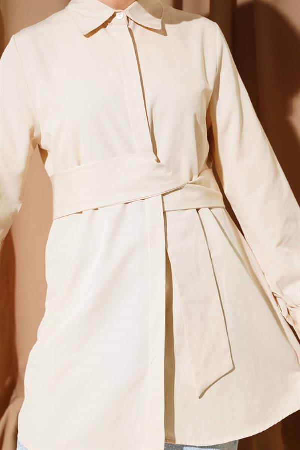 Hidden Button Self Belted Shirt Beige
