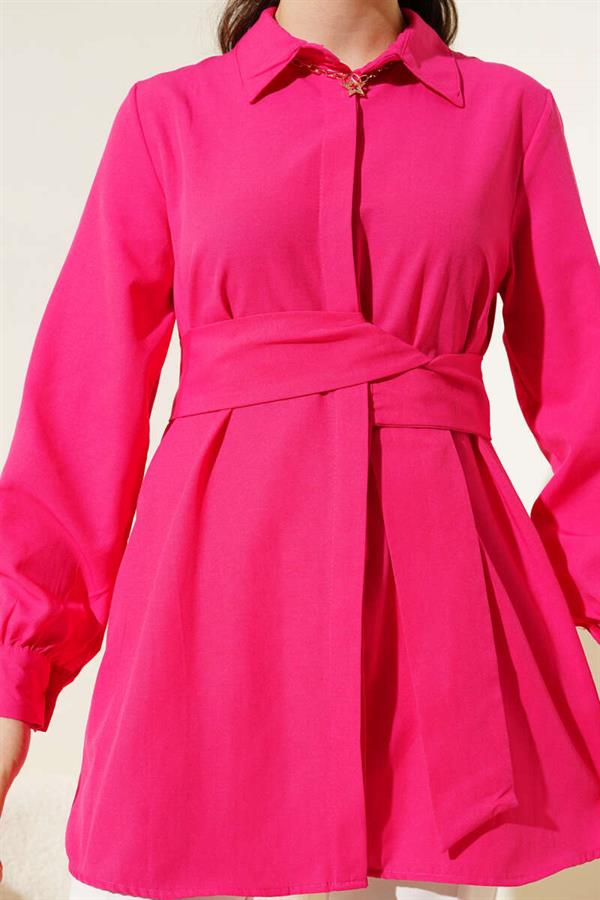 Hidden Button Self-Belted Shirt Fuchsia