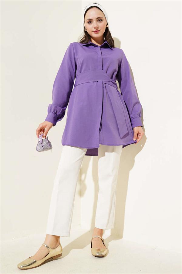 Hidden Button Self-Belted Shirt Lilac