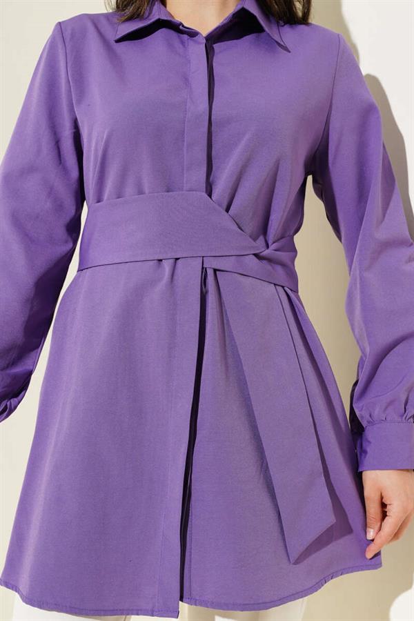 Hidden Button Self-Belted Shirt Lilac