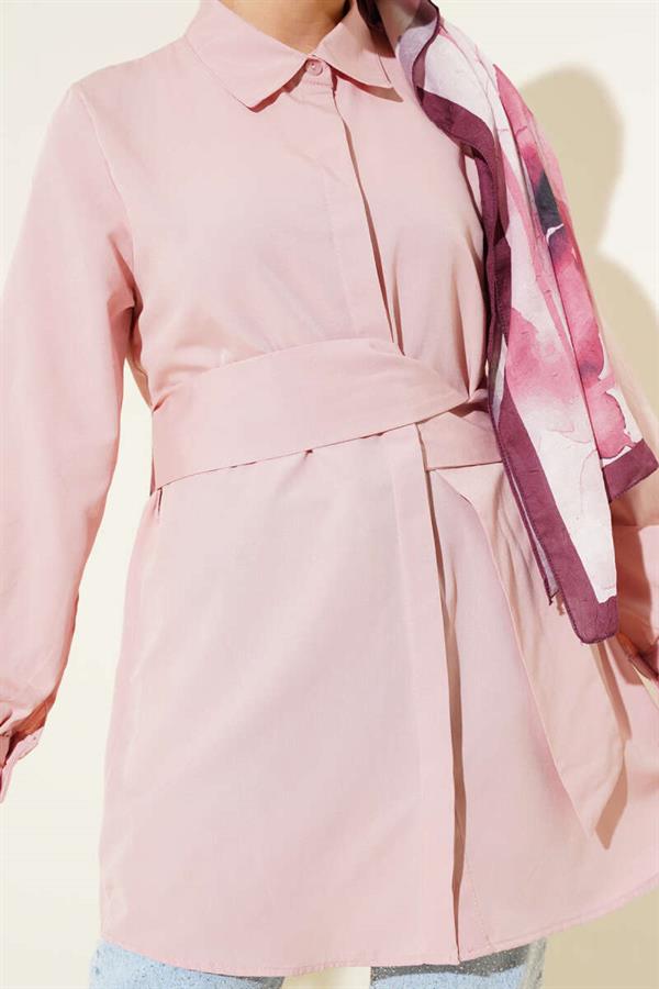 Hidden Button Self Belted Shirt Powder