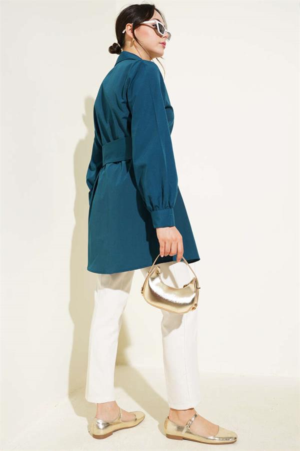 Hidden Button Self Belted Shirt Petrol