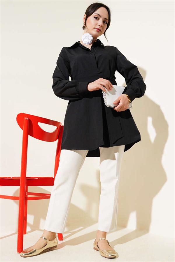 Hidden Button Self Belted Shirt Black