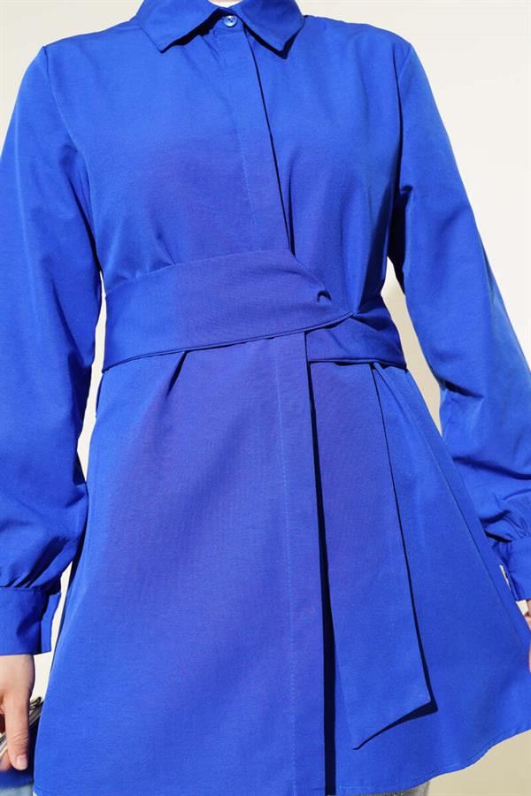 Hidden Button Self-Belted Shirt Saxe