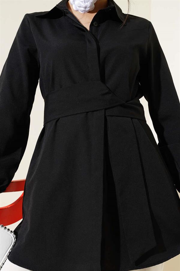 Hidden Button Self Belted Shirt Black