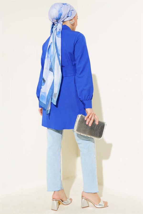 Hidden Button Self-Belted Shirt Saxe