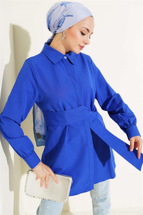 Hidden Button Self-Belted Shirt Saxe