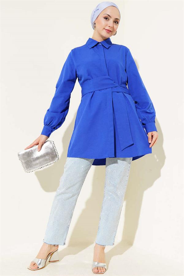 Hidden Button Self-Belted Shirt Saxe