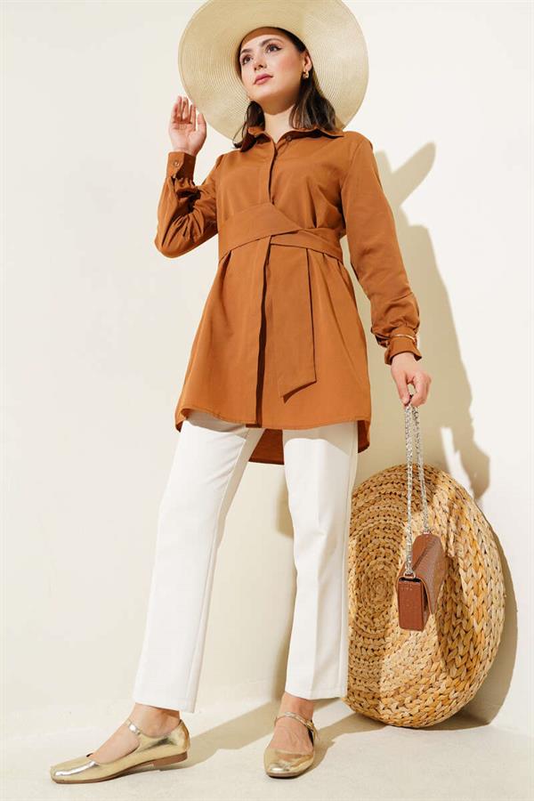 Hidden Button Self Belted Shirt Tan