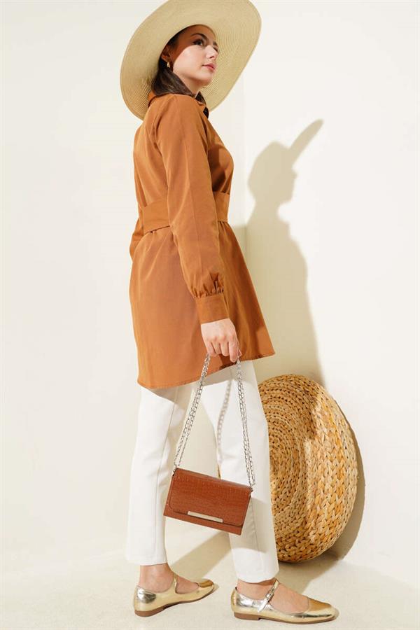 Hidden Button Self Belted Shirt Tan