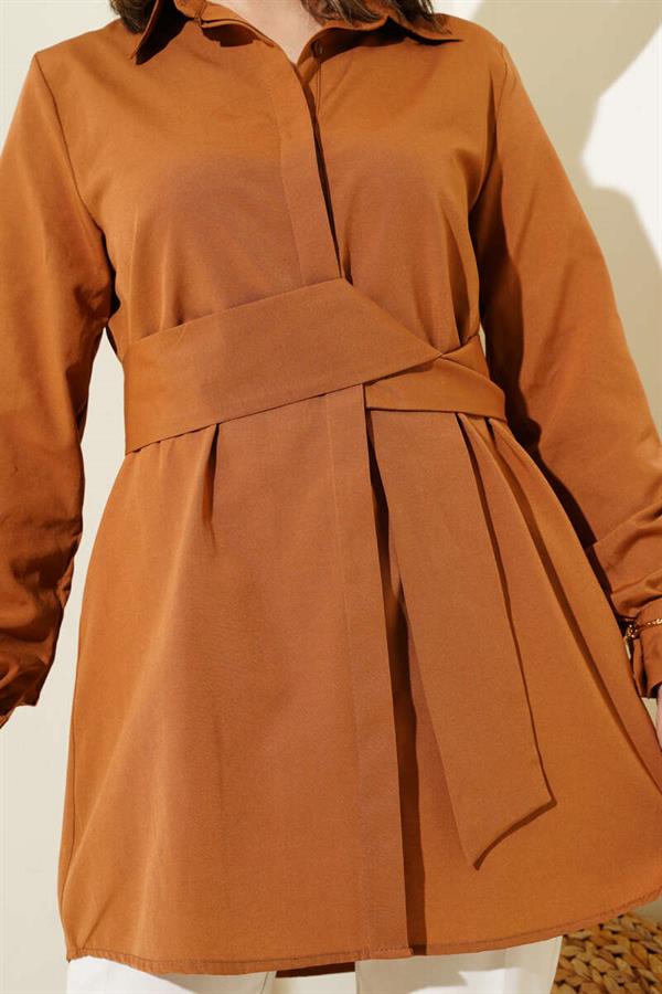 Hidden Button Self Belted Shirt Tan