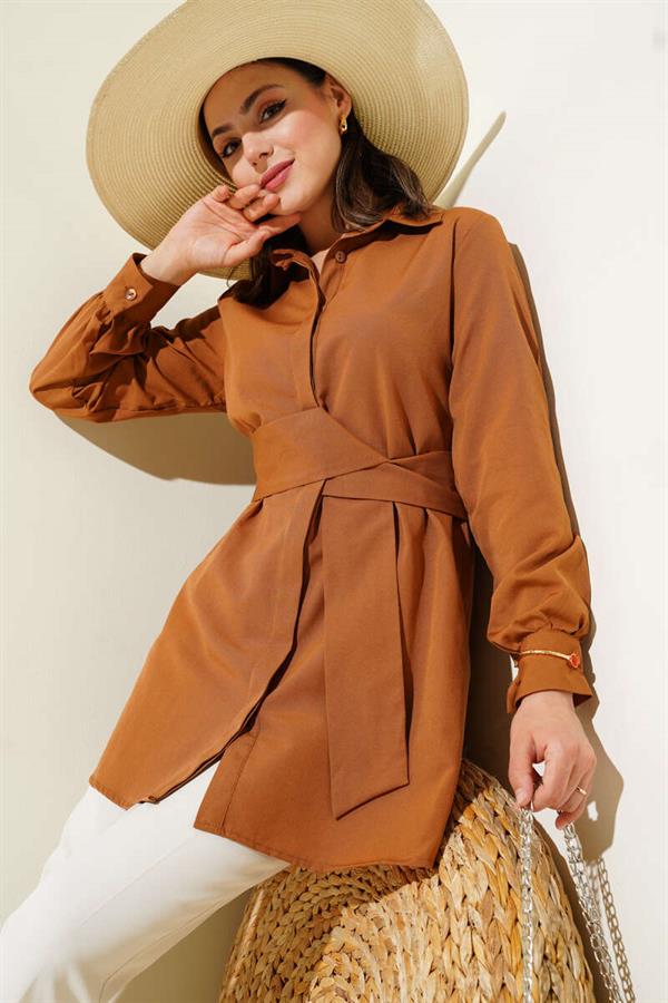 Hidden Button Self Belted Shirt Tan