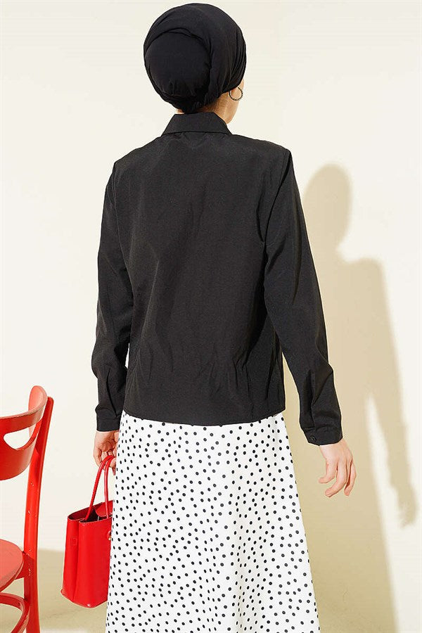 Hidden Button Crop Shirt Black