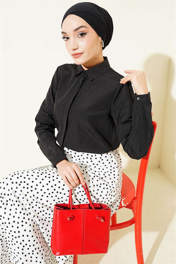 Hidden Button Crop Shirt Black