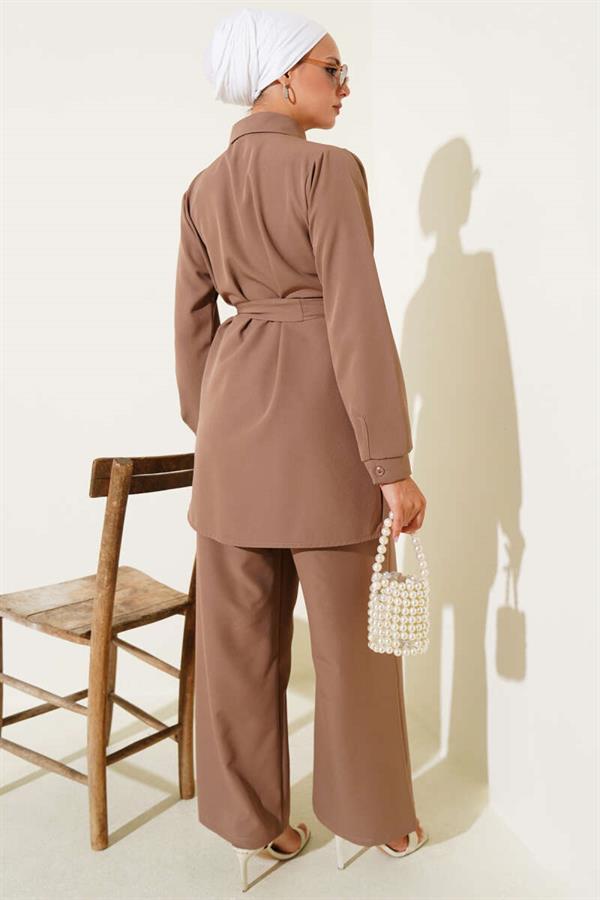 Hidden Button Belted Double Breasted Latte Suit