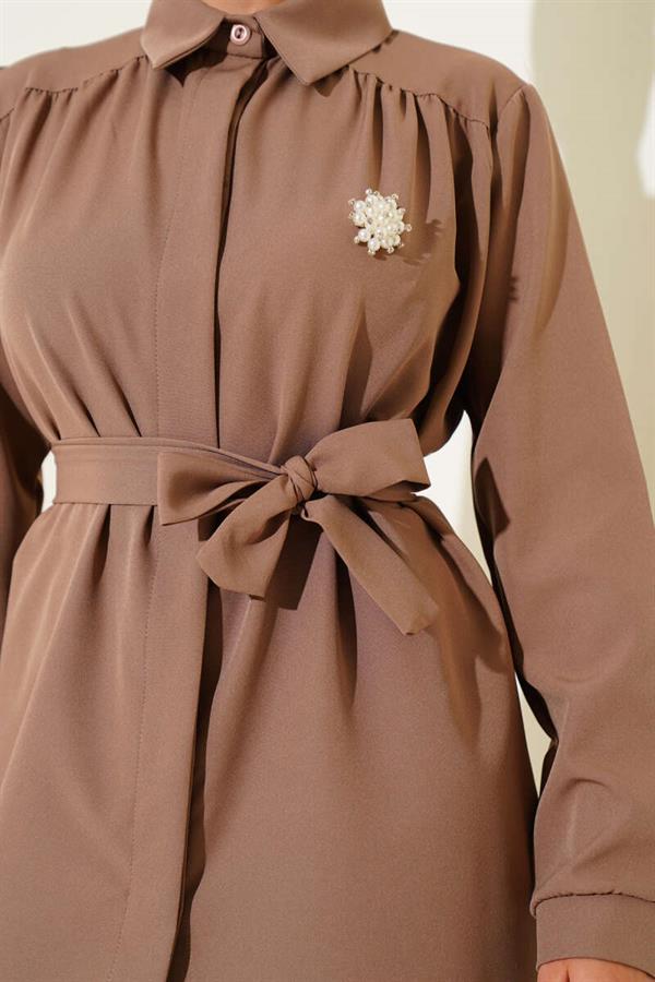 Hidden Button Belted Double Breasted Latte Suit