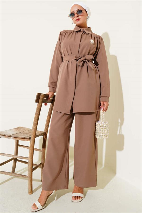 Hidden Button Belted Double Breasted Latte Suit