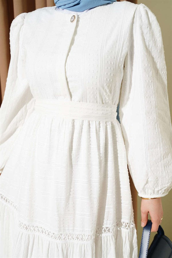 White Belted Dress with Hidden Buttons