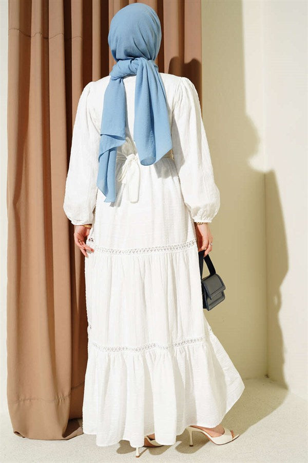 White Belted Dress with Hidden Buttons