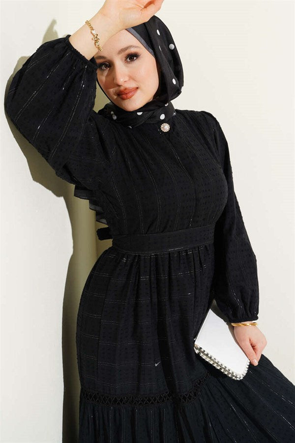 Black Belted Dress with Hidden Buttons