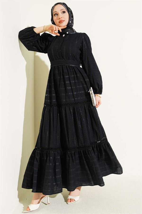 Black Belted Dress with Hidden Buttons