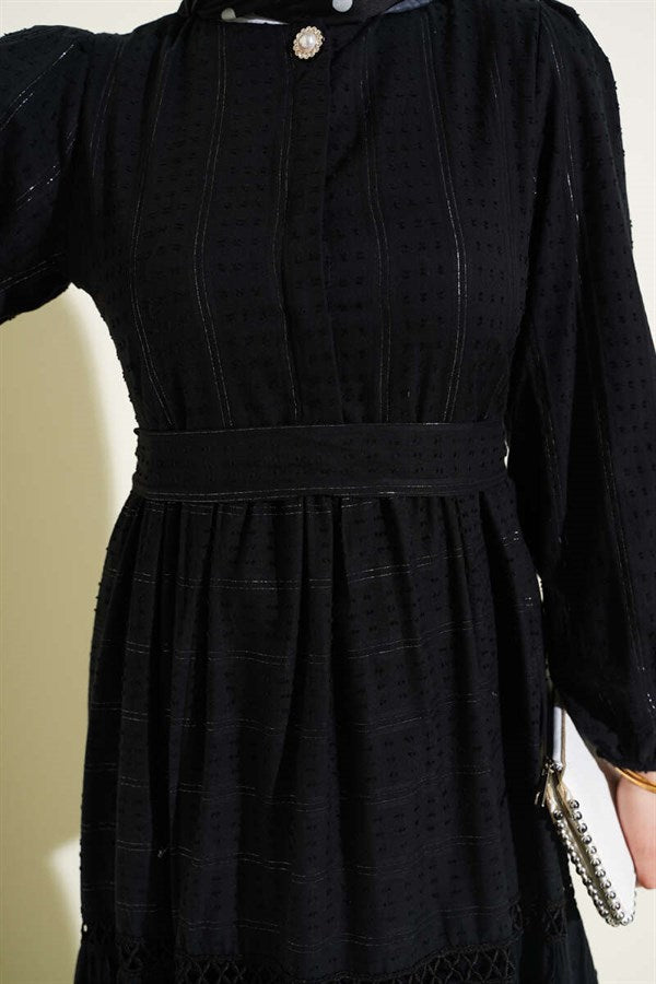 Black Belted Dress with Hidden Buttons