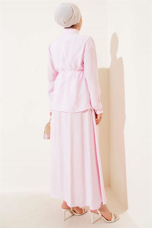 Hidden Button Belted Skirted 2 Piece Set Pink