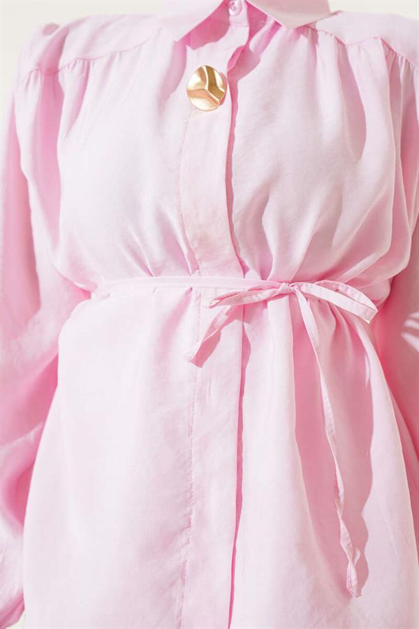 Hidden Button Belted Skirted 2 Piece Set Pink