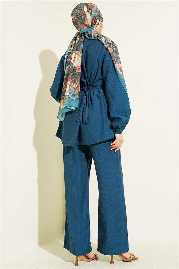 Hidden Button Belted Tunic 2 Piece Set in Petrol