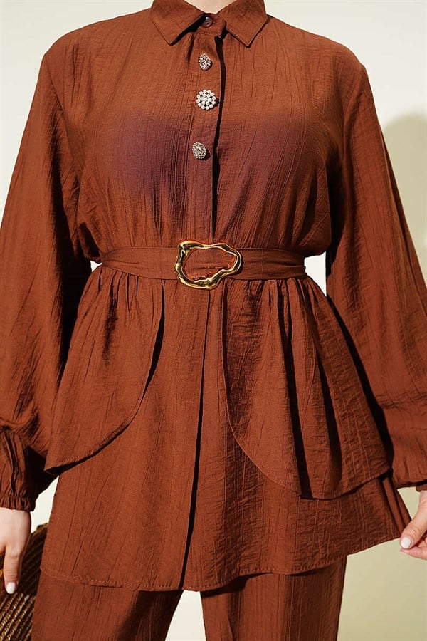 Hidden Button Belted Tunic 2 Piece Set in Brown
