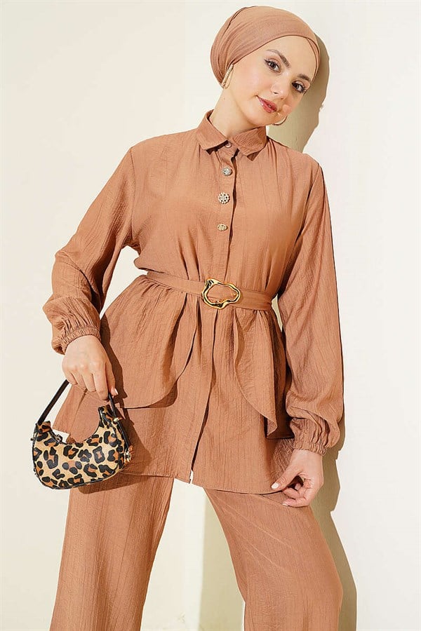 Latte Two-Piece Tunic Set with Hidden Buttons and Belt