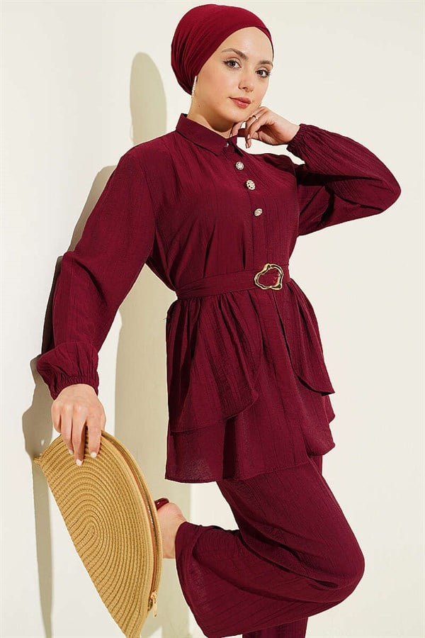 Hidden Button Belted Tunic 2 Piece Set in Burgundy