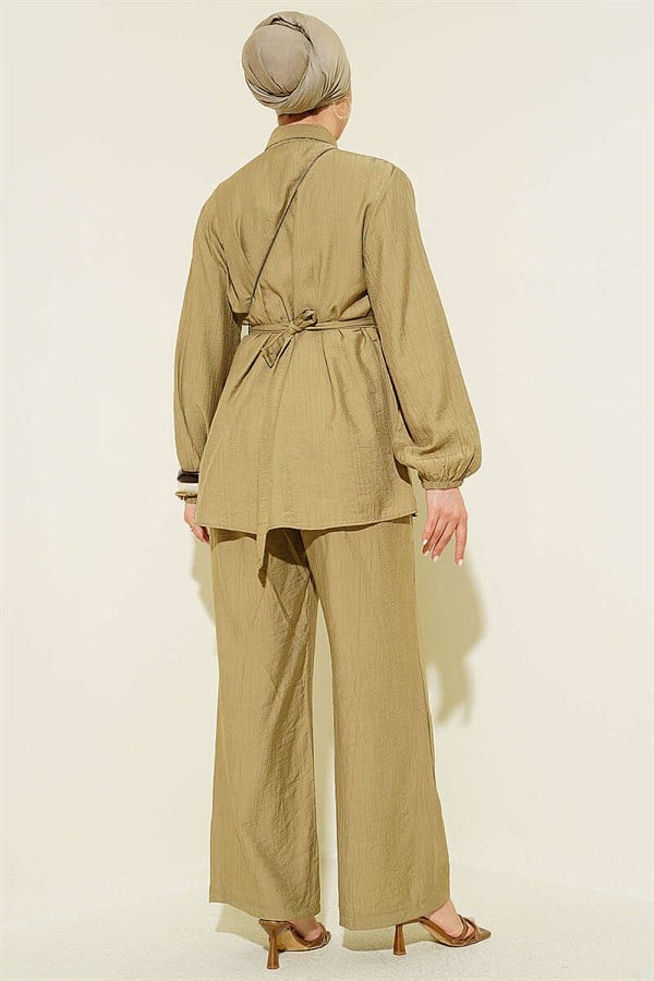 Hidden Button Belted Tunic 2 Piece Set, Light Green