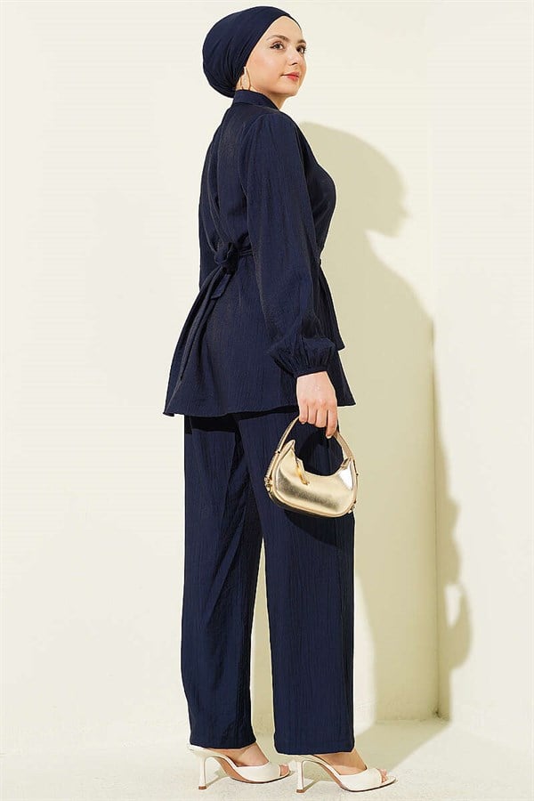 Hidden Button Belted Tunic 2 Piece Set Navy Blue