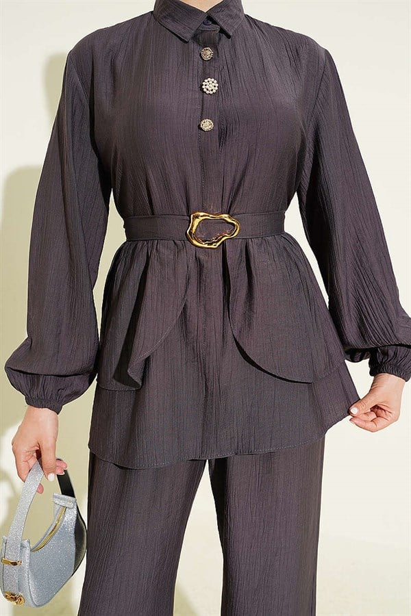 Hidden Button Belted Tunic 2 Piece Set, Smoke Grey